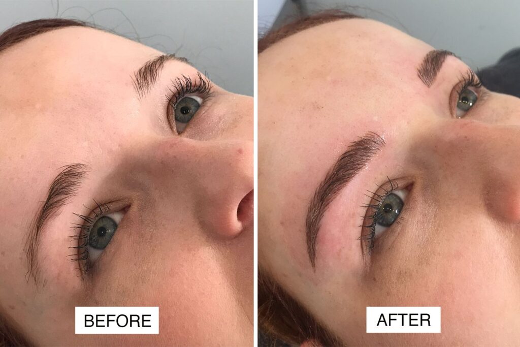 Before and after images of eyebrow microblading semi permanent makeup showing fuller and defined natural brows