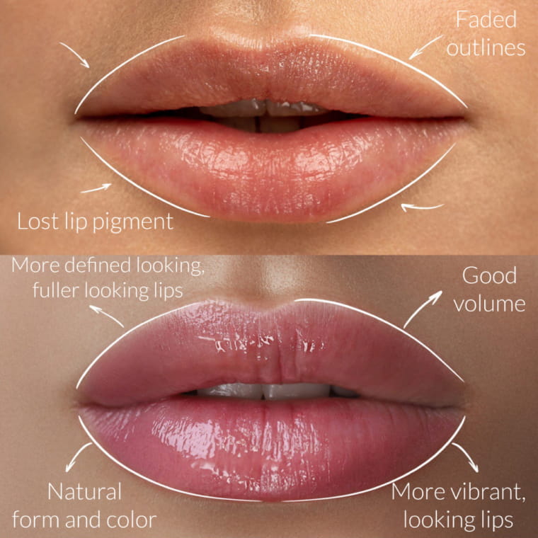 Before and after lip blushing results in London using semi-permanent makeup.