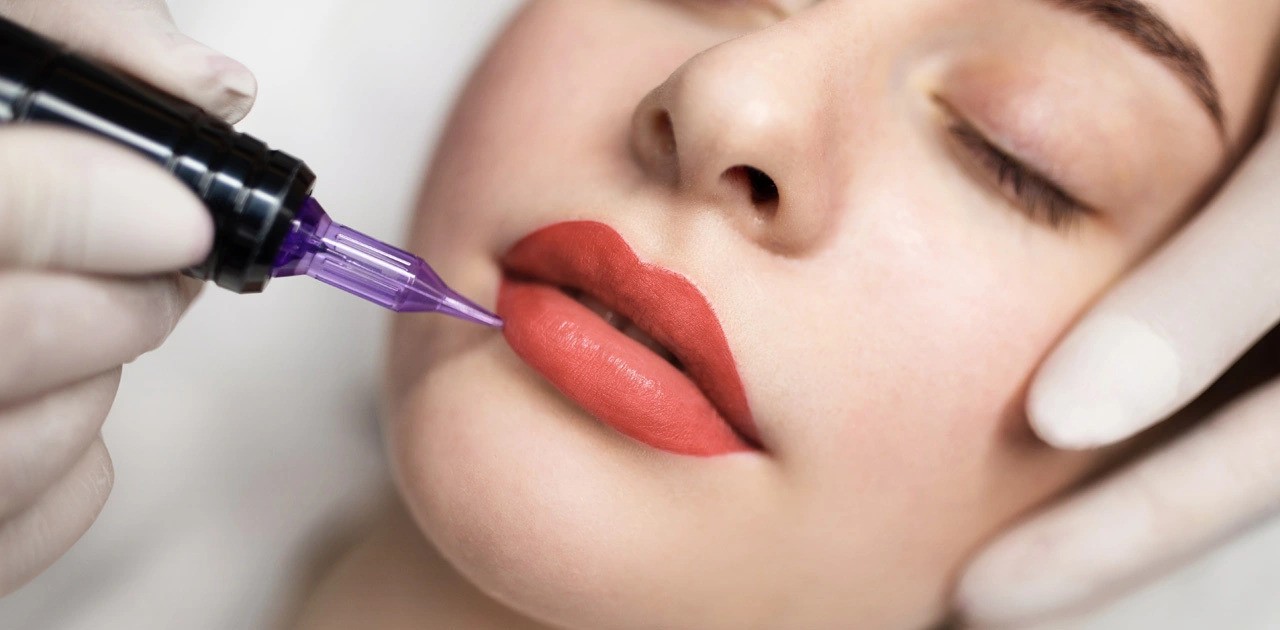 Lip blushing procedure at a semi-permanent makeup clinic in London.