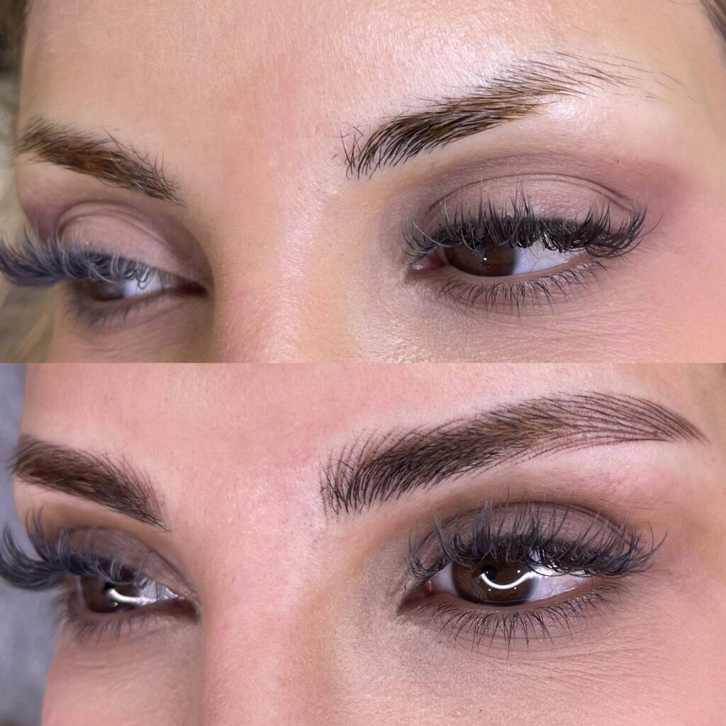 Before and after nanoblading results in London featuring realistic brow enhancement and defined shape